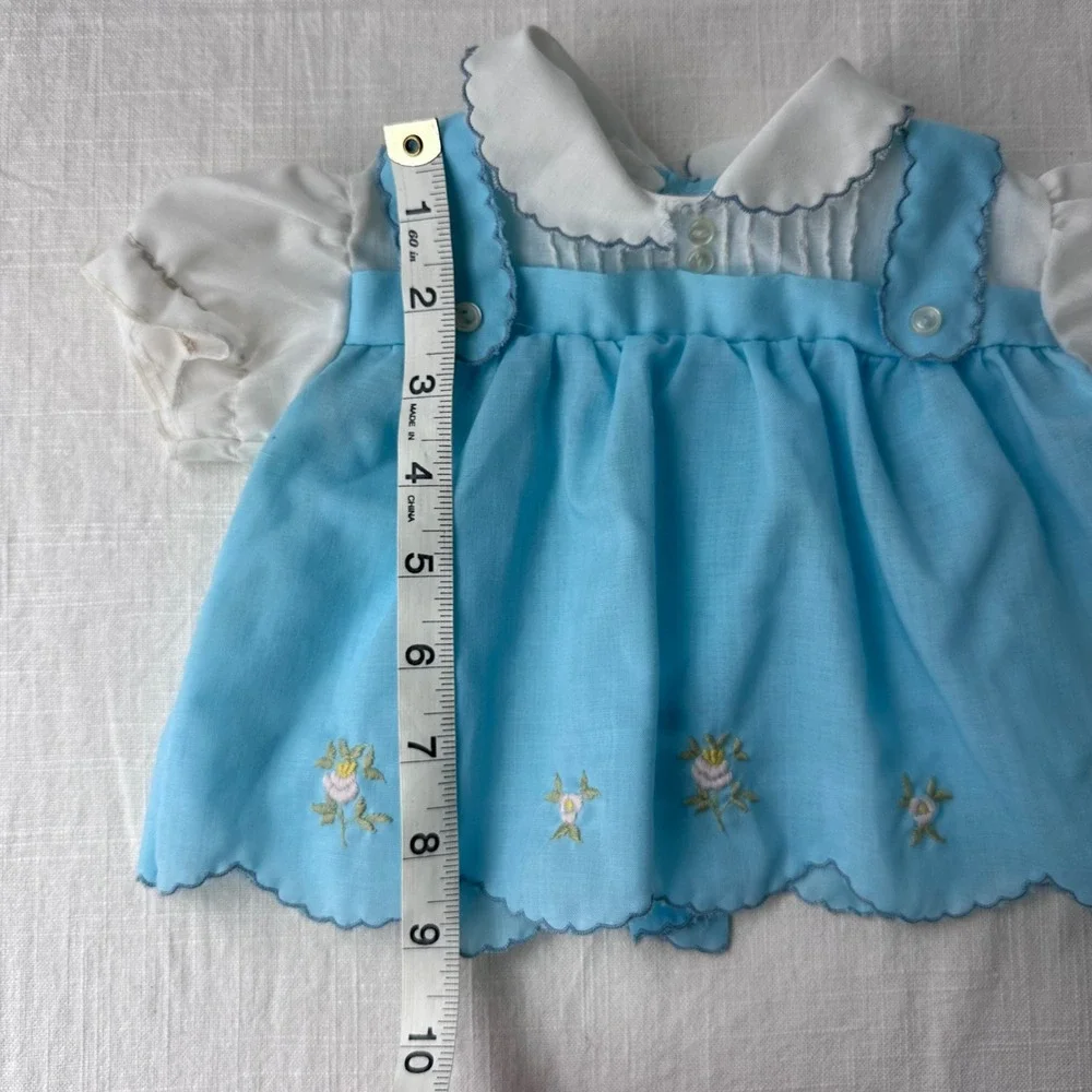 Vintage 1950s Doll Dress Blue Embroidered Floral Scalloped Puff Sleeve 8-10 inch